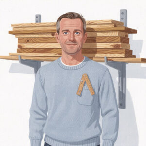 Portrait peint de Renaud Lefebvre devant des planches de bois